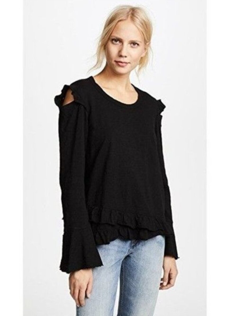 Wilt Crossover Raw Ruffle Cold Shoulder Tee - XS